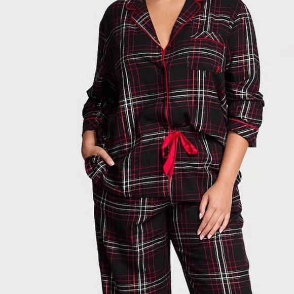 Victoria's Secret Flannel Long Pajama Set Black Red White Plaid Signature PJ S - Picture 4 of 10